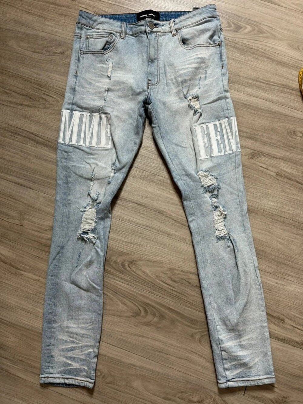 Homme + Femme Light Wash Distressed Skinny Jeans Men's 34 Blue